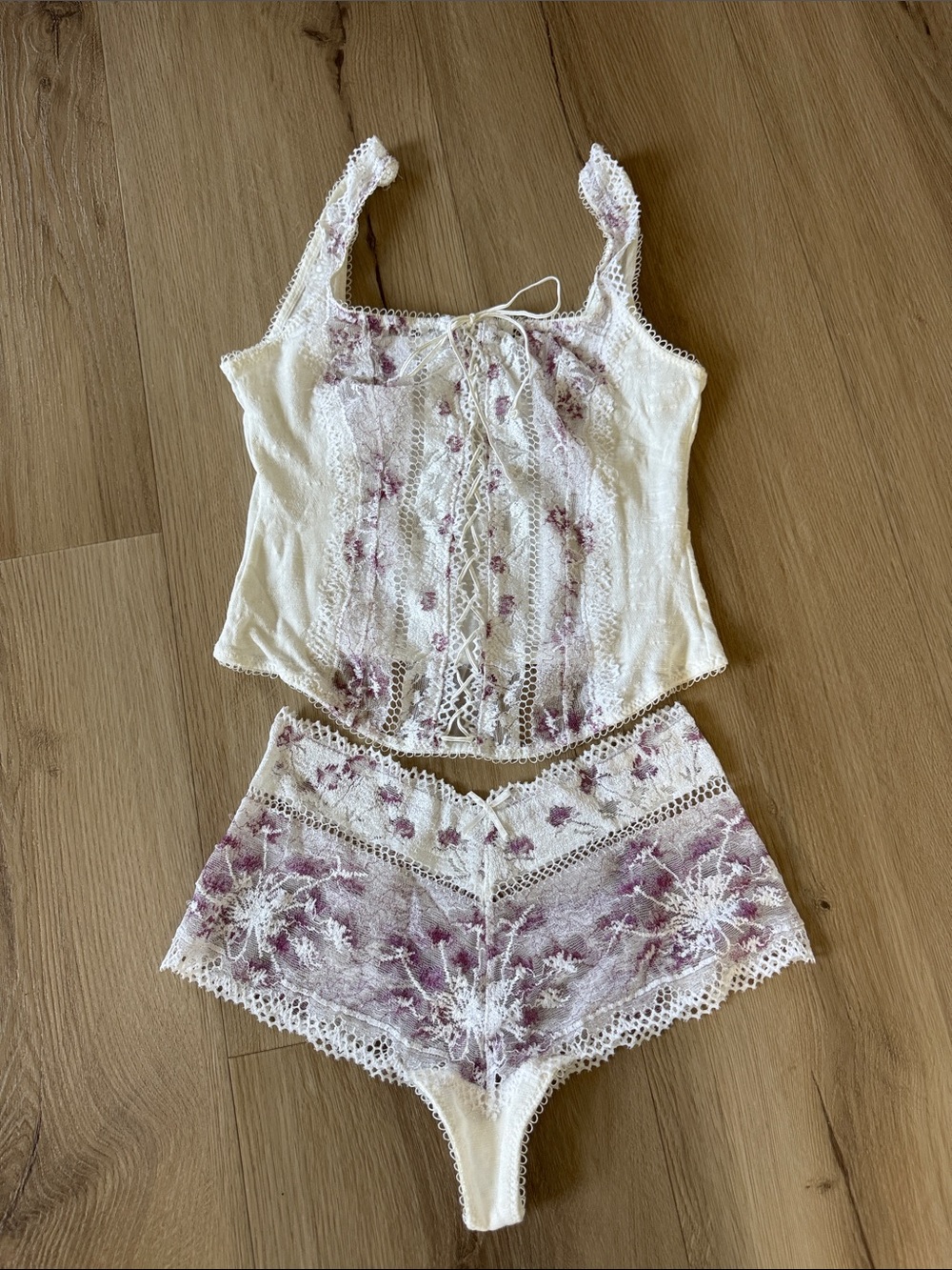 Floral Lace Trim Tank & High-Waist Brief Set - Cream with Dusty Lilac